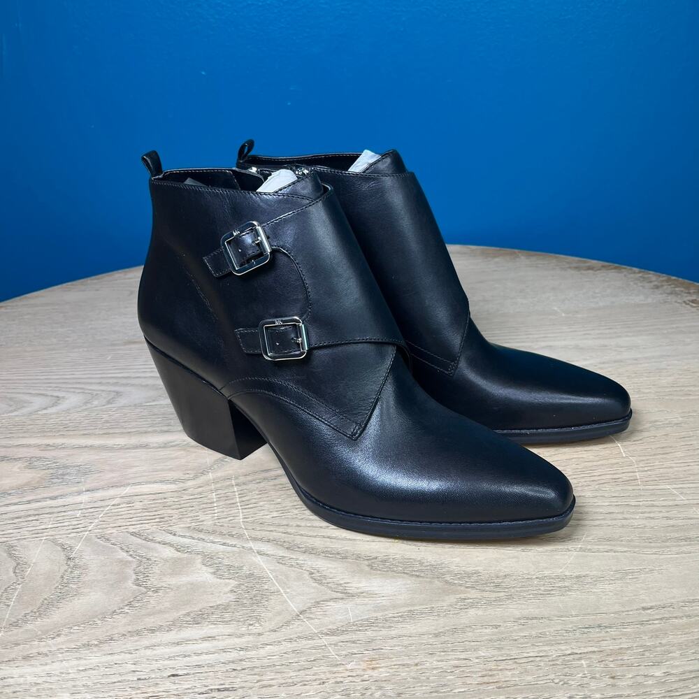 Michael Kors Loni Ankle Booties Strap Buckle Block Heel Black Leather Size 11
